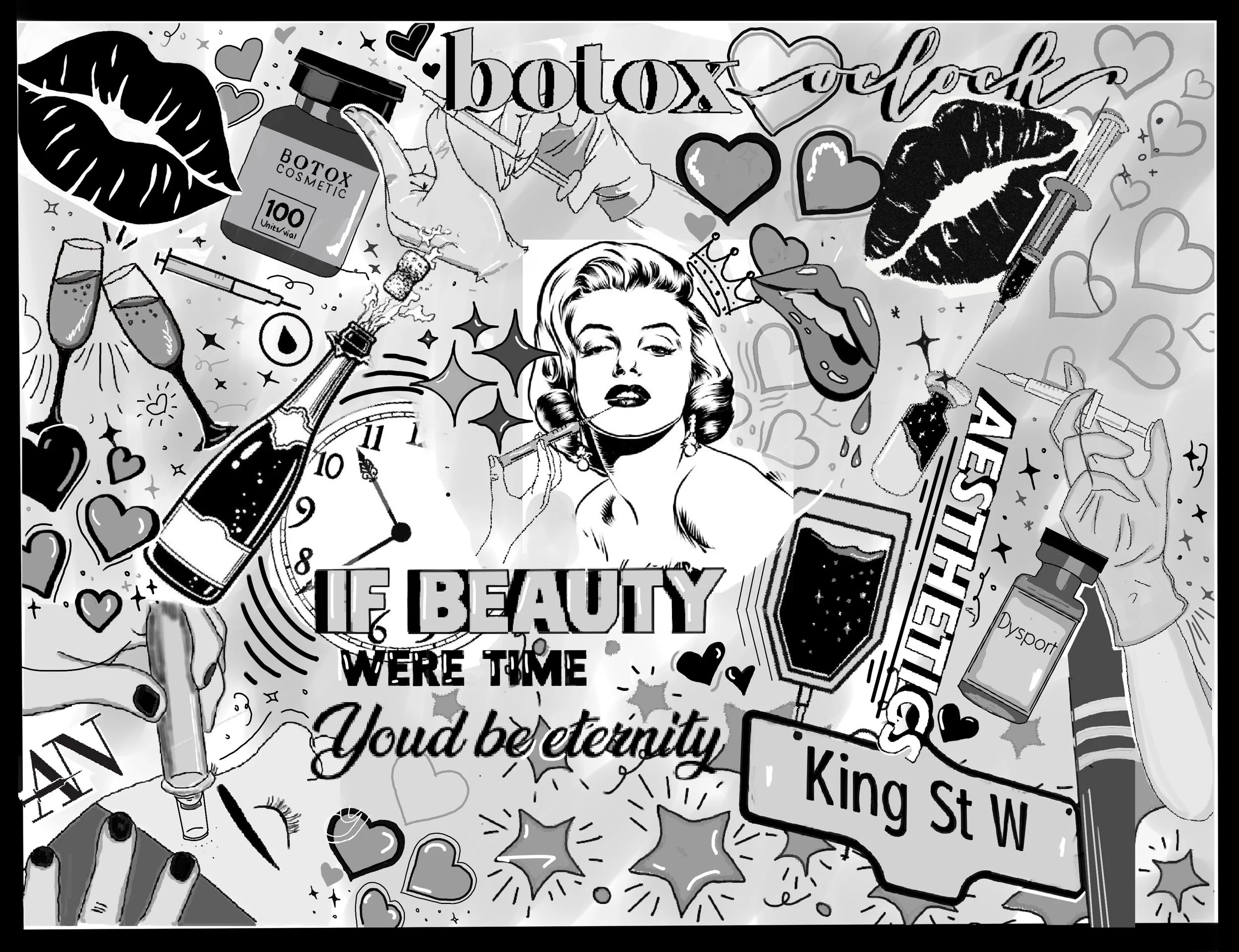 A collage of black and white illustrations related to beauty, cosmetics, and aesthetics. It features a central portrait of a woman with vintage hair, various lip prints, a syringe, a bottle labeled 'Botox Cosmetic', champagne glasses, a clock, and se