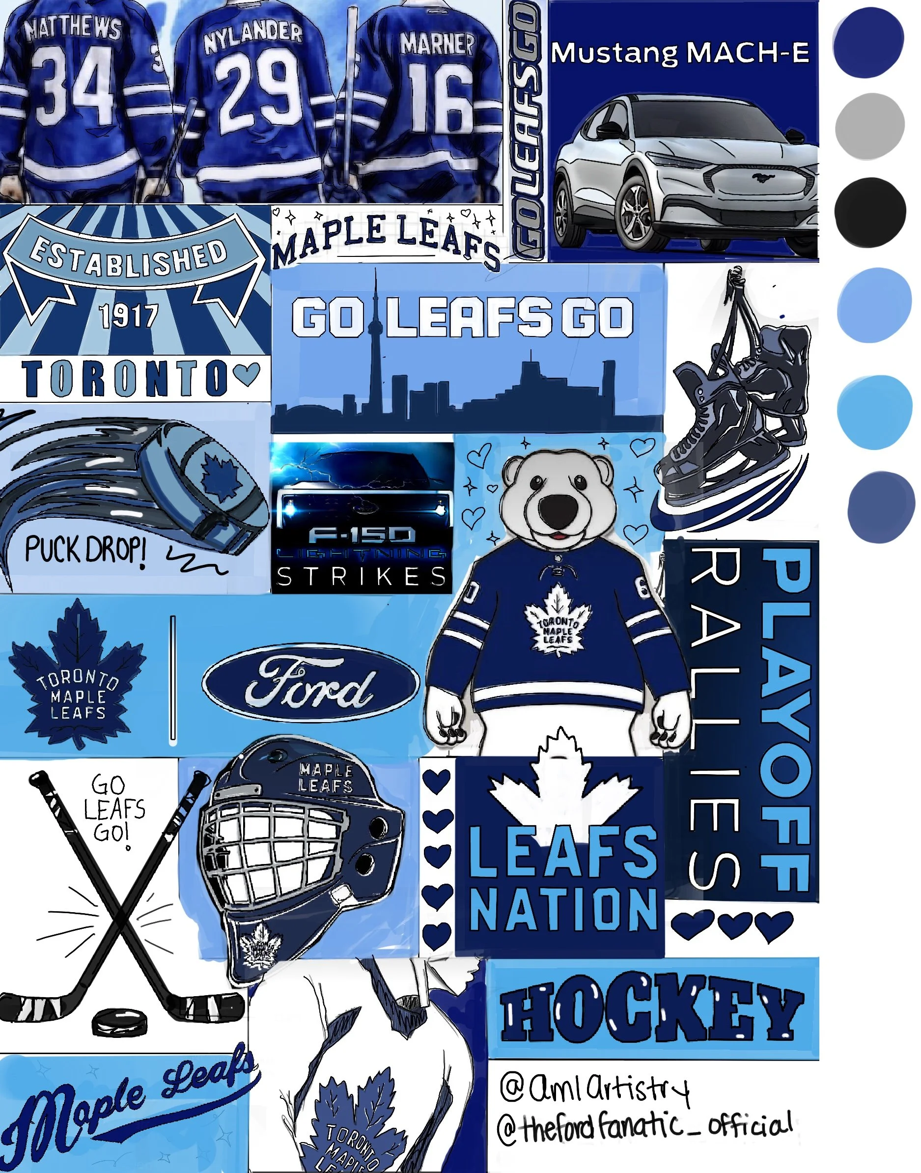 A collection of Toronto Maple Leafs hockey and fan memorabilia in shades of blue, including jerseys, a hockey helmet, a puck, a hockey stick, and team logos. There are also images of a Ford Mustang Mach-E, a GO Transit train, and a Tesla Model S. Tex