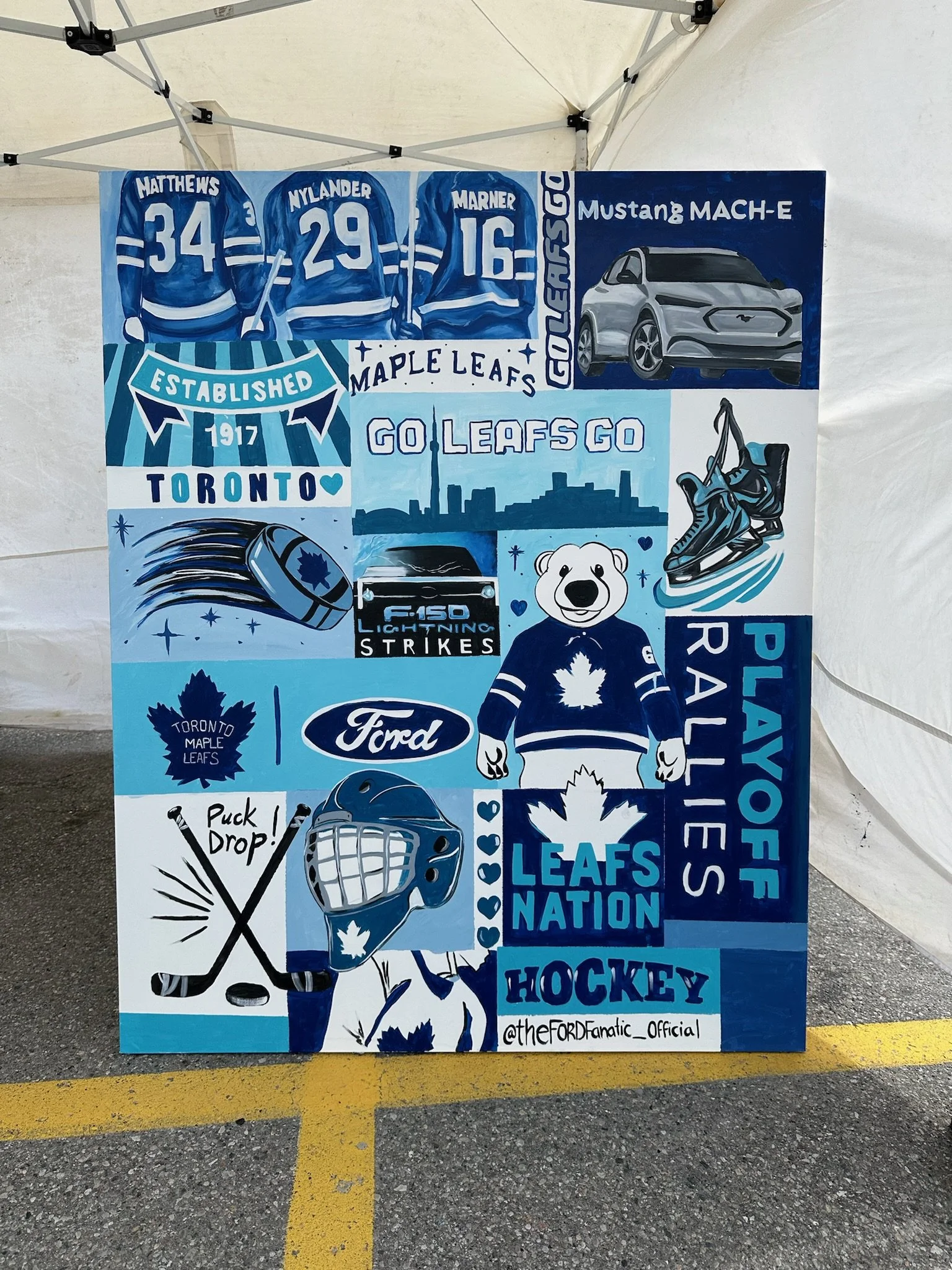 A mural celebrating the Toronto Maple Leafs hockey team, featuring players' jerseys, a car, hockey equipment, and various team symbols in blue and white colors.