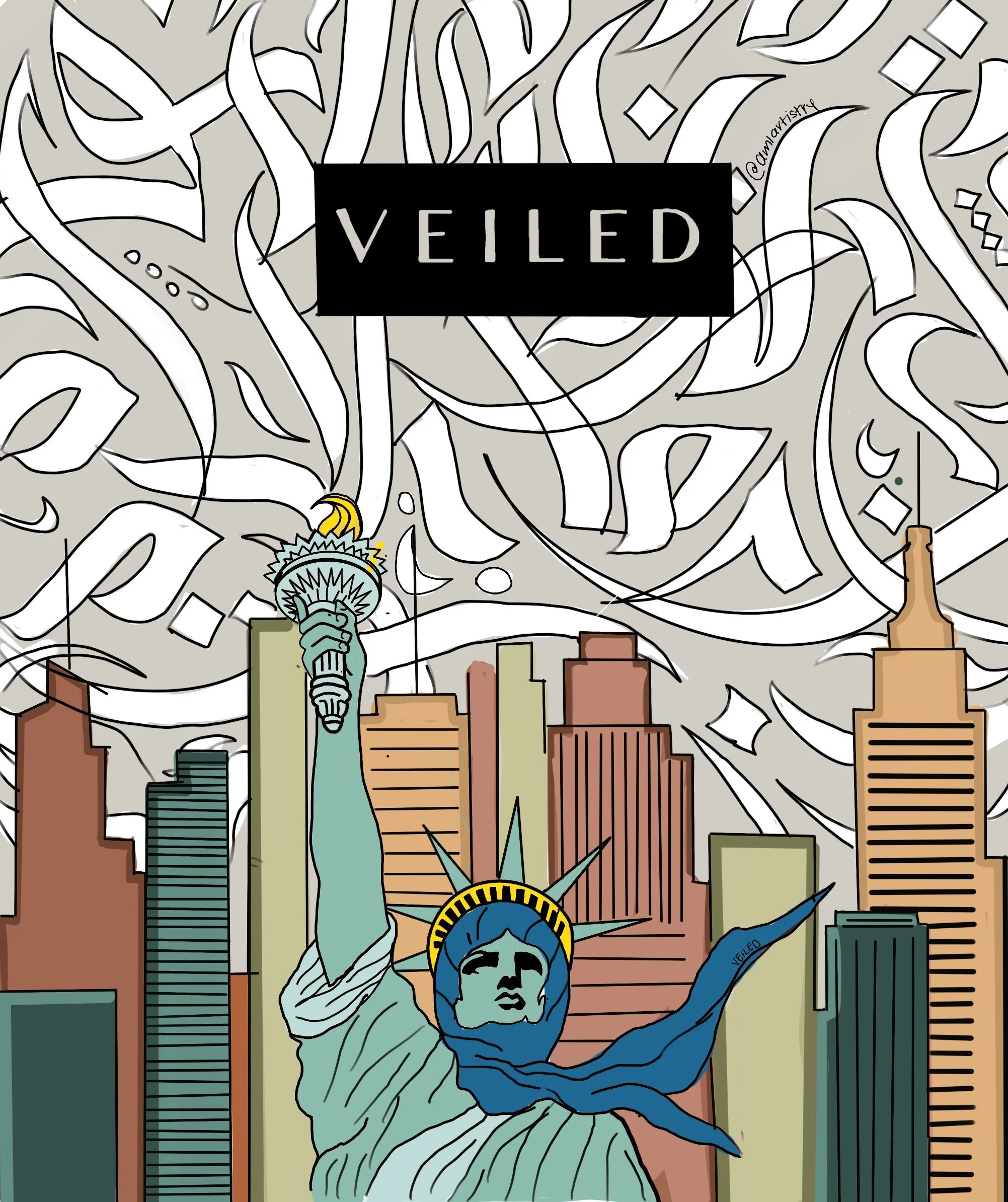 A stylized illustration of the Statue of Liberty with an abstract, graffiti-inspired background of swirling lines and shapes, with buildings in the foreground and a black rectangular sign with the word 'VEILED' in the center.