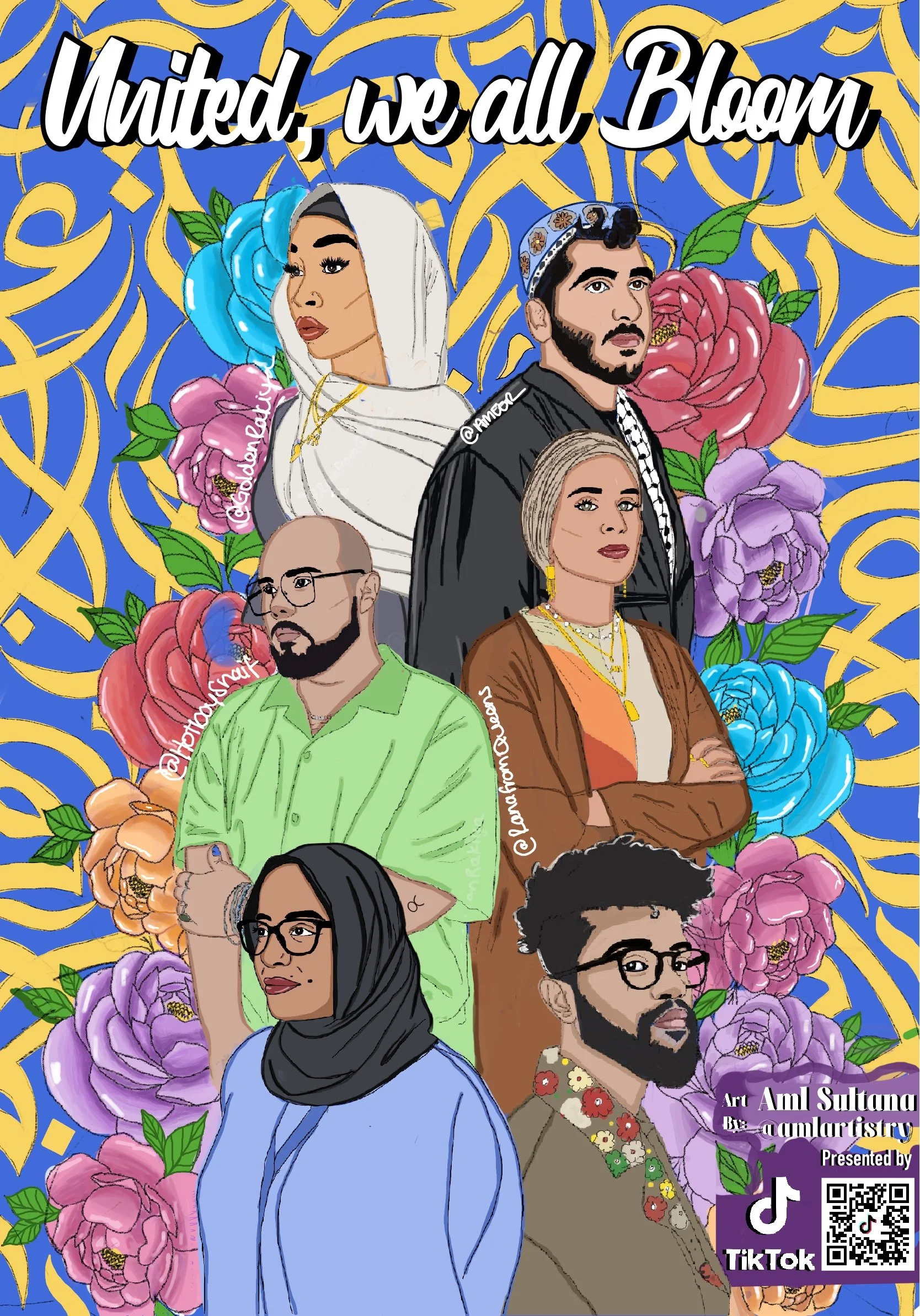 Colorful digital illustration of diverse people with floral background and the text 'United, we all bloom' at the top.
