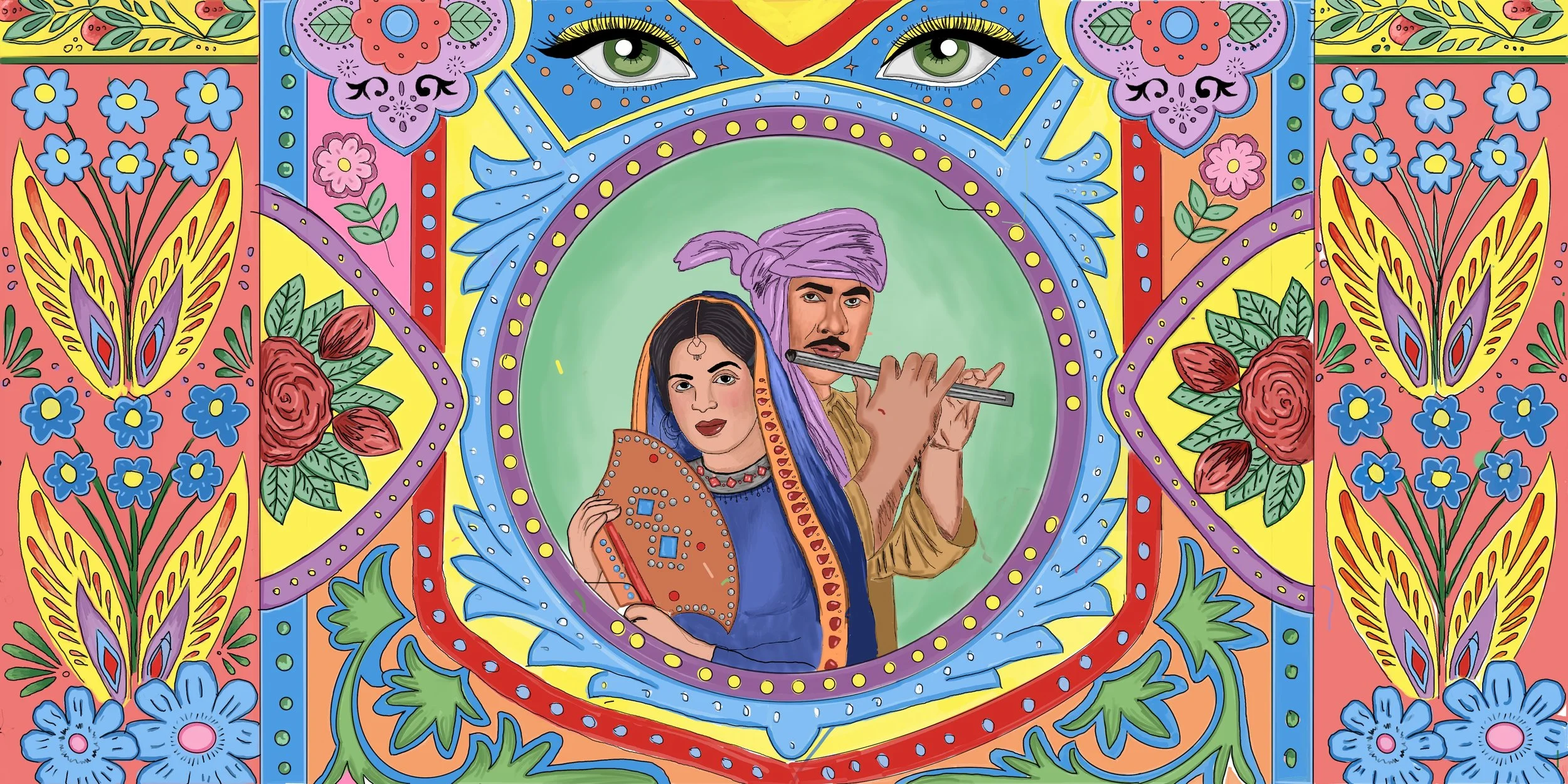 Colorful, vibrant artwork depicting a man playing a flute and a woman holding a fan, surrounded by floral and decorative patterns, with two stylized eyes at the top.