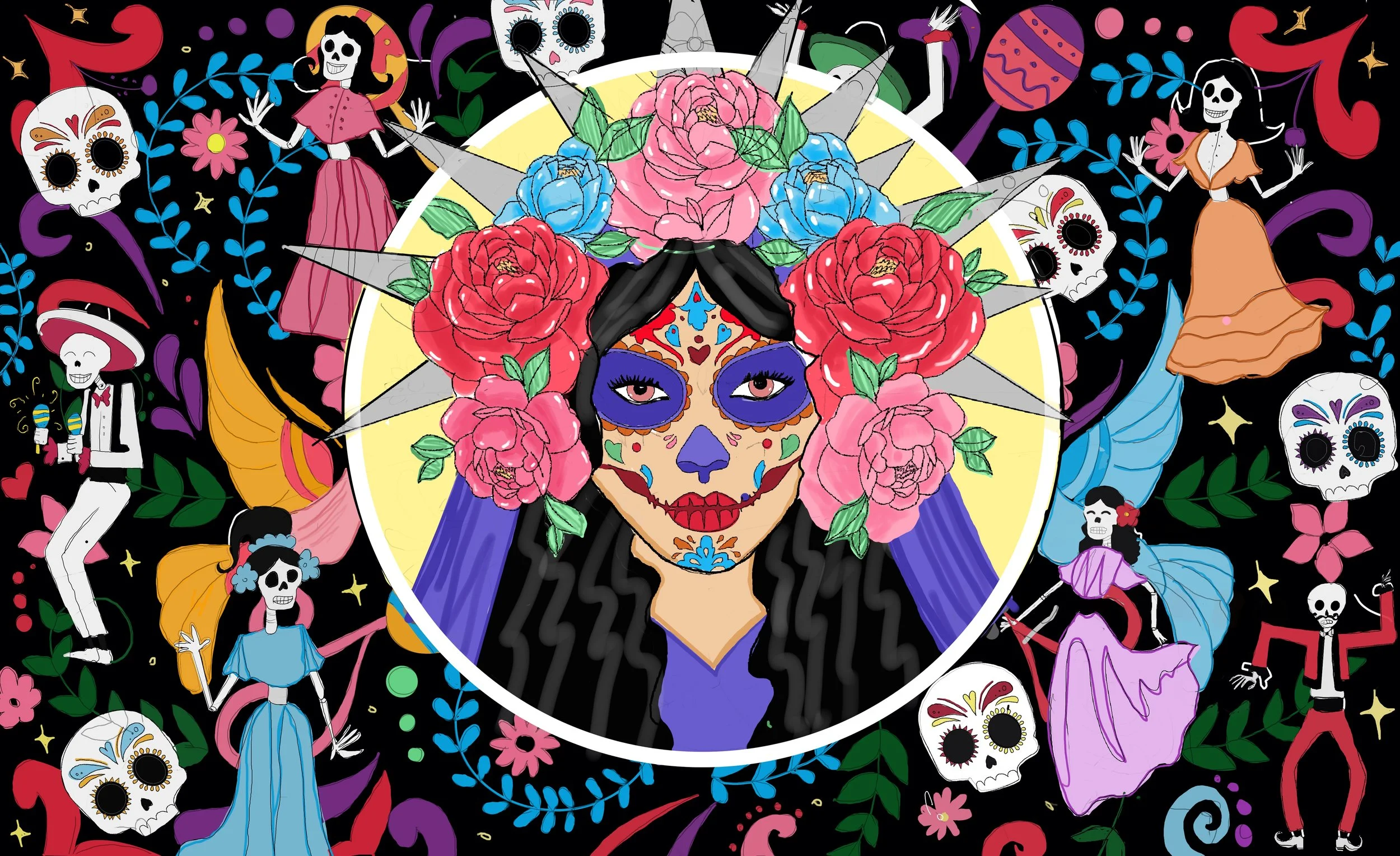 Colorful digital illustration featuring a woman with sugar skull face paint, surrounded by vibrant flowers and dancing skeletons typical of Día de los Muertos celebration.