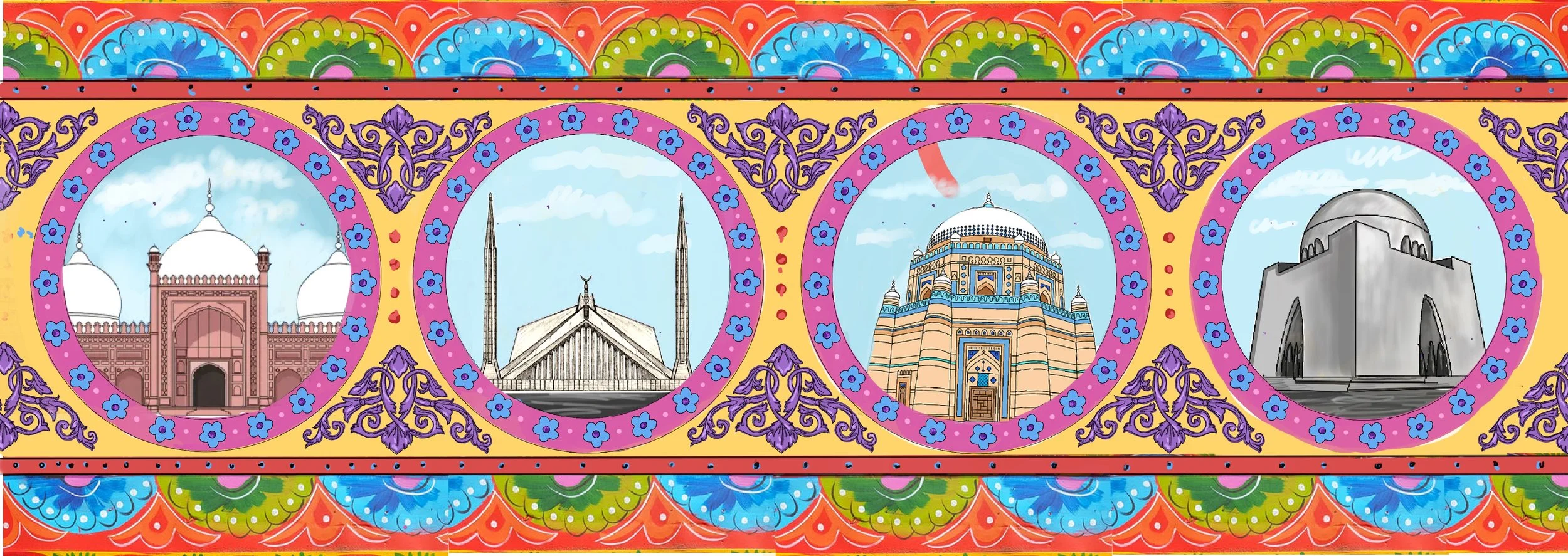 Illustration of four famous buildings from India: Badshahi Mosque, Lotus Temple, Jantar Mantar, and Qutub Minar, each within decorative circular frames.
