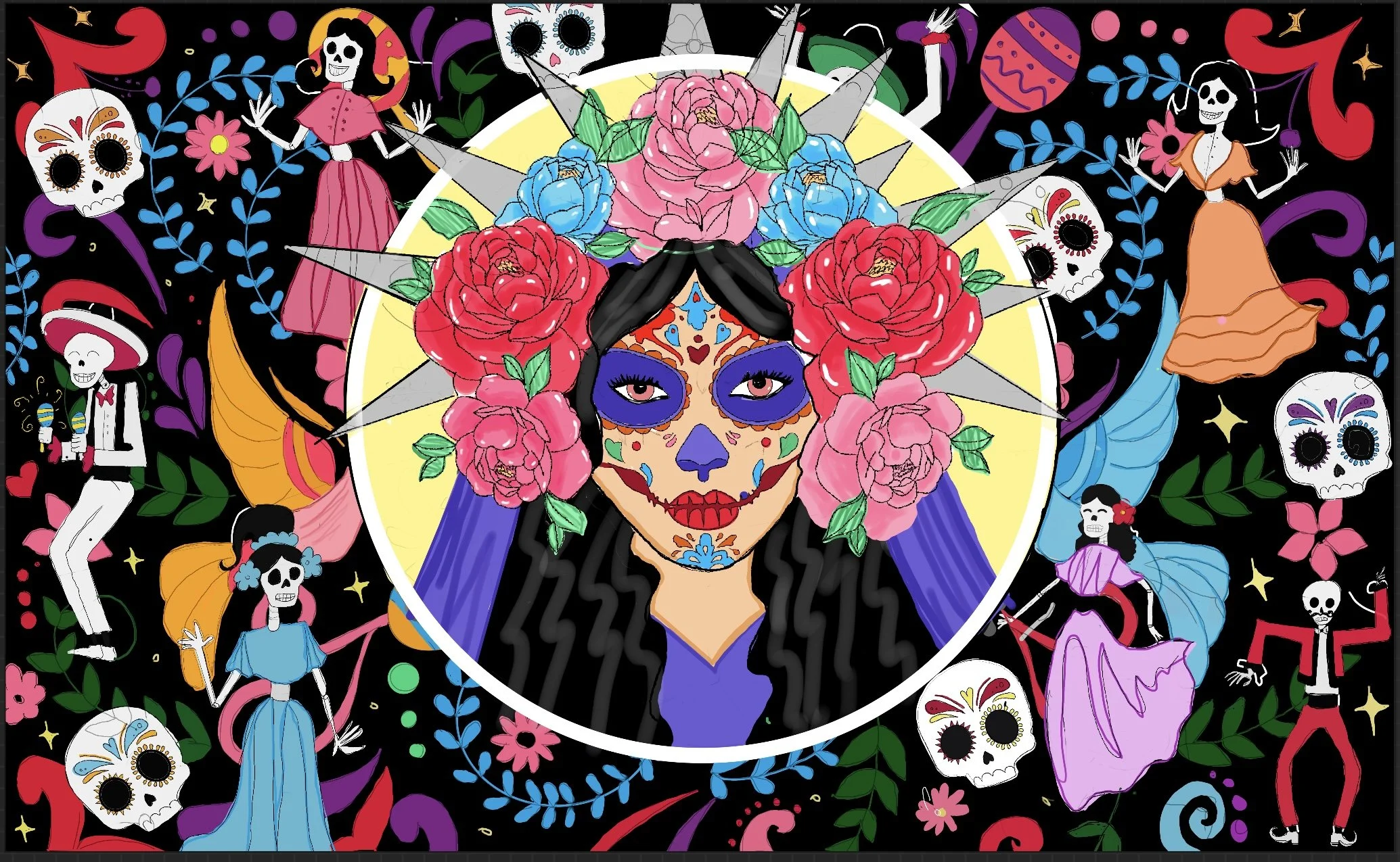 Colorful Day of the Dead themed illustration featuring a central woman with face paint, surrounded by skulls, flowers, dancing skeletons, and vibrant decorative patterns.