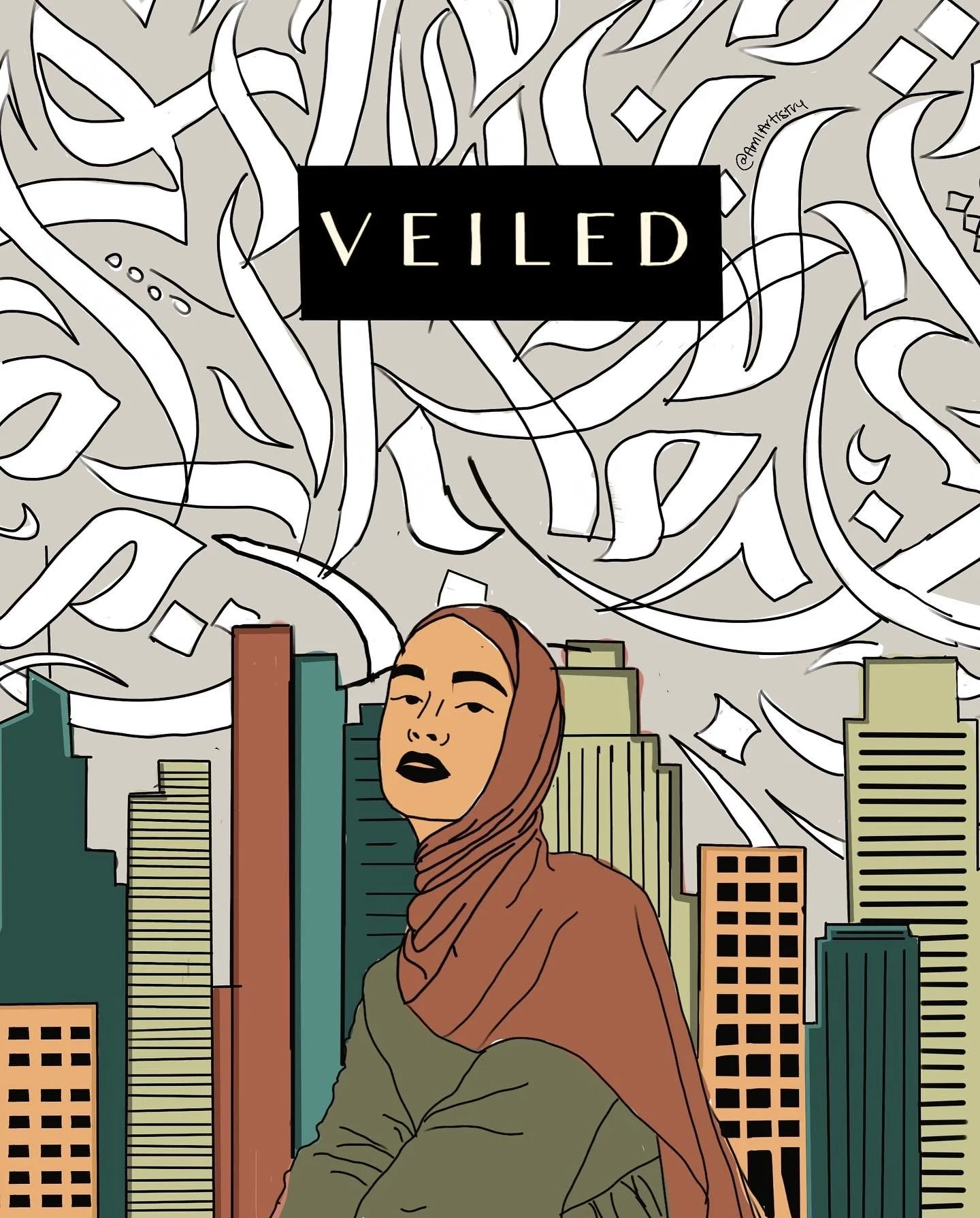 A digital illustration of a woman wearing a brown hijab and olive green jacket standing in front of a city skyline with tall buildings. The sky is filled with abstract black and white swirling lines. The word 'VEILED' is prominently displayed in a bl