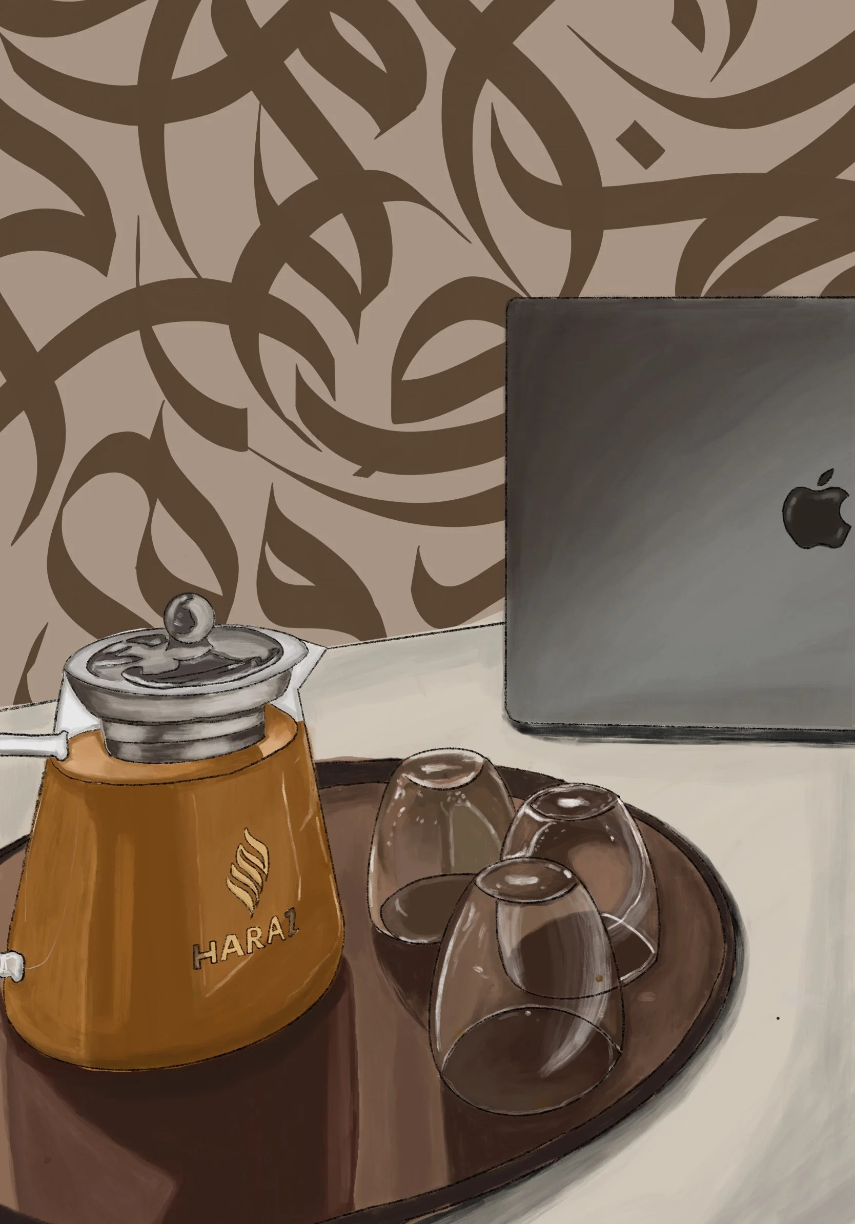 A table with a brown tray holding three upside-down glasses, an orange siphon with the word 'HARA1' on it, and a laptop with an Apple logo, against a background wall with abstract brown swirl patterns.