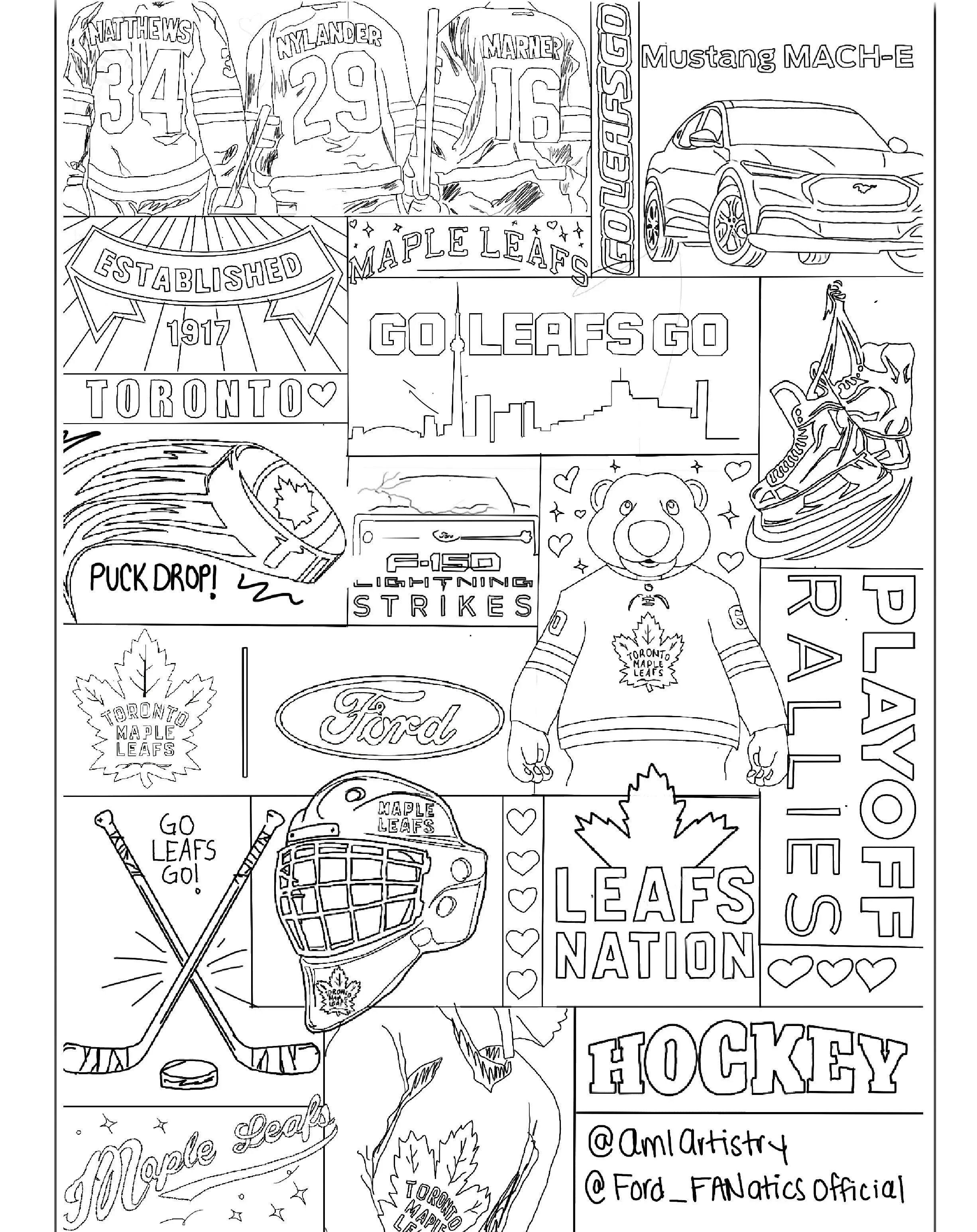 A collection of black-and-white drawings related to the Toronto Maple Leafs hockey team, including players, a car, a hockey stick, a helmet, a teddy bear mascot, a skyline, and various team logos and slogans.